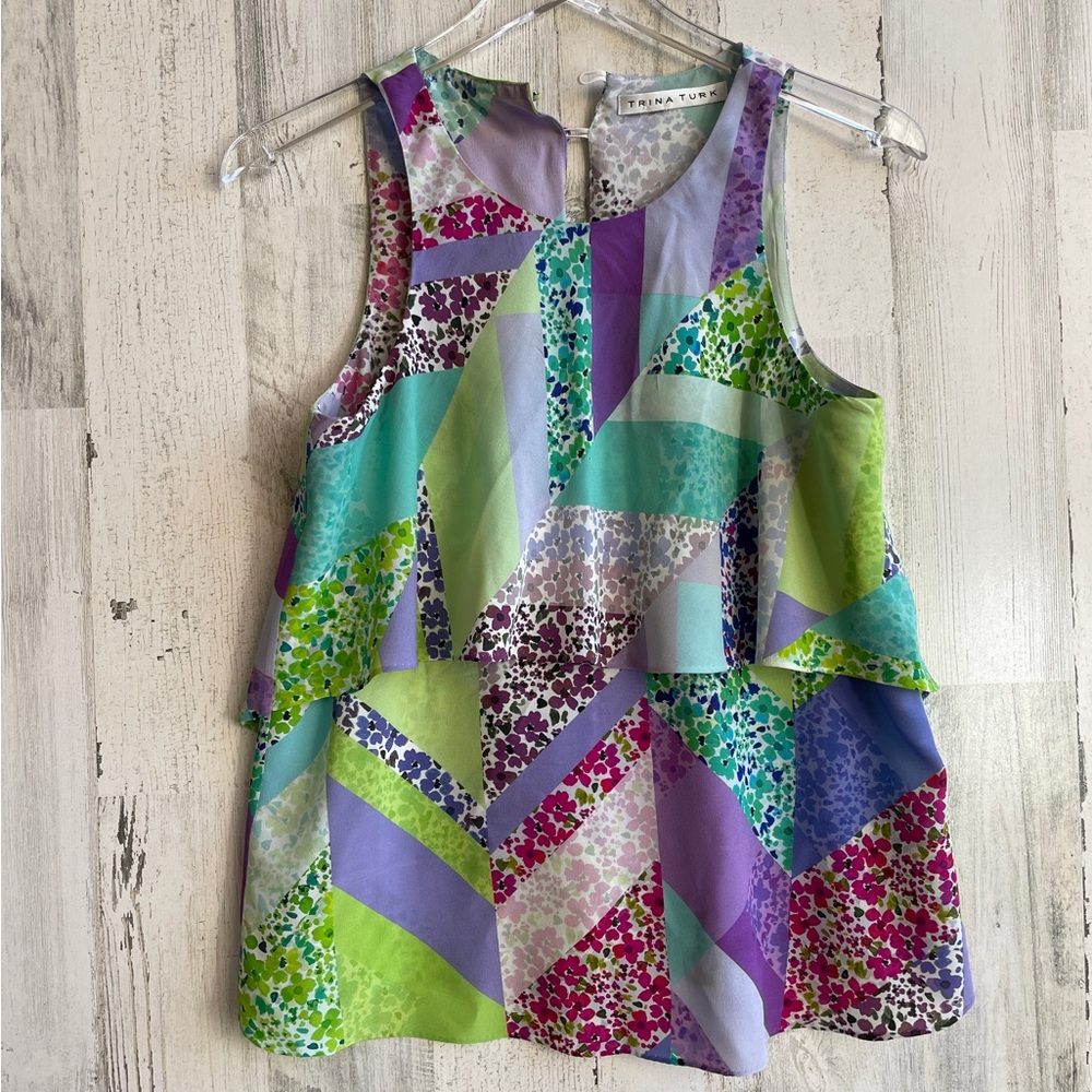 TRINA TURK SILK TOP SIZE S PATCHWORK COMSE FLORAL CHEVRON PRINT (SEE MEASUREM…